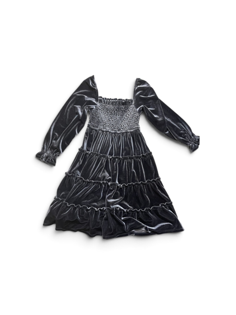 Girls Crown & Ivy Velvet Smocked Tiered Dress Grey Size S = 6x